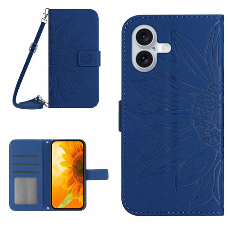 Skin Feel Sun Flower Embossed Flip Leather Phone Case with Lanyard, For iPhone Air, For iPhone 16 Pro Max, For iPhone 16 Pro, For iPhone 16 Plus