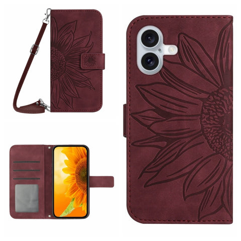 Skin Feel Sun Flower Embossed Flip Leather Phone Case with Lanyard, For iPhone Air, For iPhone 16 Pro Max, For iPhone 16 Pro, For iPhone 16 Plus