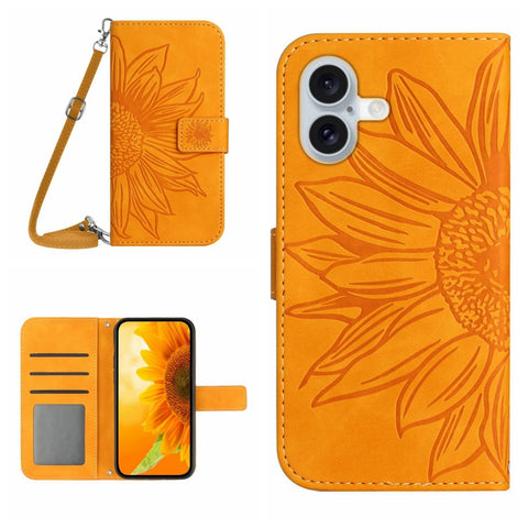 Skin Feel Sun Flower Embossed Flip Leather Phone Case with Lanyard, For iPhone Air, For iPhone 16 Pro Max, For iPhone 16 Pro, For iPhone 16 Plus