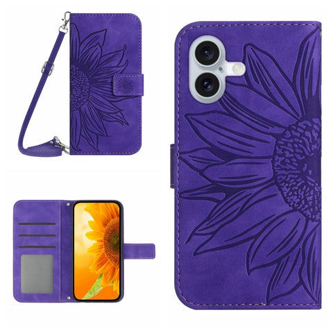 Skin Feel Sun Flower Embossed Flip Leather Phone Case with Lanyard, For iPhone Air, For iPhone 16 Pro Max, For iPhone 16 Pro, For iPhone 16 Plus