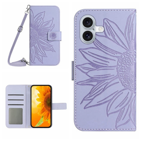 Skin Feel Sun Flower Embossed Flip Leather Phone Case with Lanyard, For iPhone 16, For iPhone 15 Pro Max, For iPhone 15 Pro, For iPhone 15 Plus