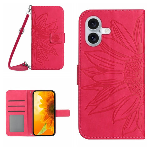 Skin Feel Sun Flower Embossed Flip Leather Phone Case with Lanyard, For iPhone 16, For iPhone 15 Pro Max, For iPhone 15 Pro, For iPhone 15 Plus