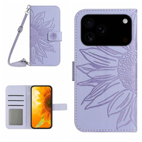 Skin Feel Sun Flower Embossed Flip Leather Phone Case with Lanyard, For iPhone 18 Pro / 17 Pro, For iPhone 18 Pro Max / 17 Pro Max, For iPhone 17e / 16e, For iPhone 17