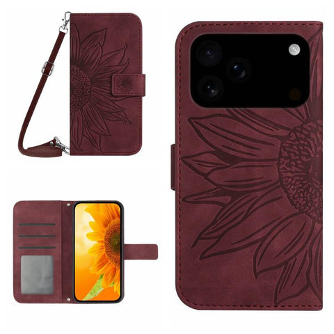 Skin Feel Sun Flower Embossed Flip Leather Phone Case with Lanyard, For iPhone 18 Pro / 17 Pro, For iPhone 18 Pro Max / 17 Pro Max, For iPhone 17e / 16e, For iPhone 17