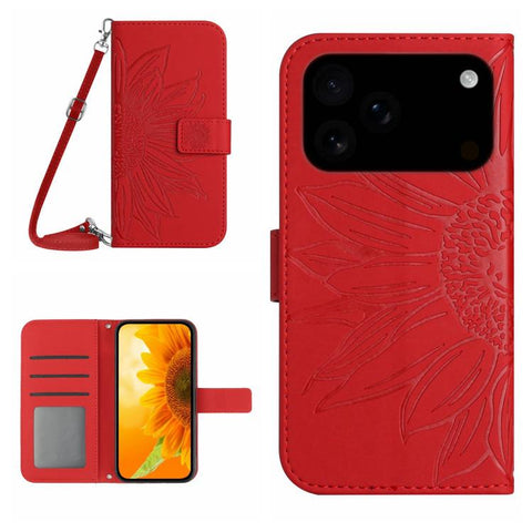 Skin Feel Sun Flower Embossed Flip Leather Phone Case with Lanyard, For iPhone 18 Pro / 17 Pro, For iPhone 18 Pro Max / 17 Pro Max, For iPhone 17e / 16e, For iPhone 17
