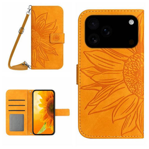 Skin Feel Sun Flower Embossed Flip Leather Phone Case with Lanyard, For iPhone 18 Pro / 17 Pro, For iPhone 18 Pro Max / 17 Pro Max, For iPhone 17e / 16e, For iPhone 17