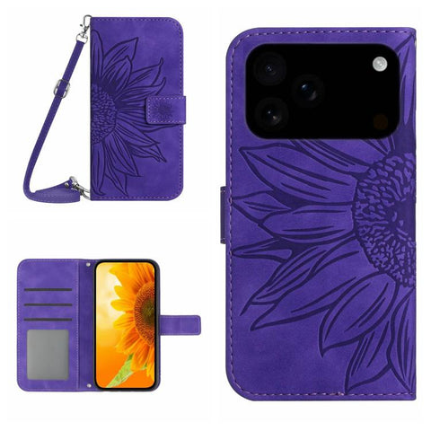Skin Feel Sun Flower Embossed Flip Leather Phone Case with Lanyard, For iPhone 18 Pro / 17 Pro, For iPhone 18 Pro Max / 17 Pro Max, For iPhone 17e / 16e, For iPhone 17