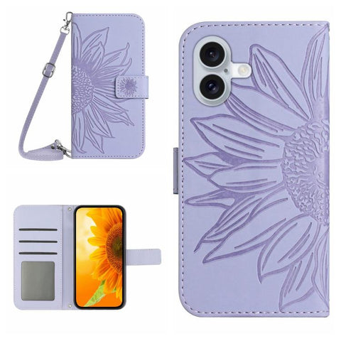 Skin Feel Sun Flower Embossed Flip Leather Phone Case with Lanyard, For iPhone 18 Pro / 17 Pro, For iPhone 18 Pro Max / 17 Pro Max, For iPhone 17e / 16e, For iPhone 17
