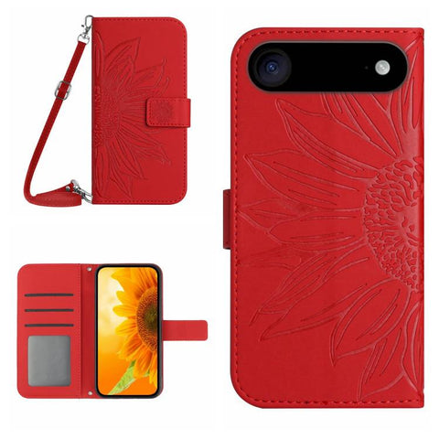 Skin Feel Sun Flower Embossed Flip Leather Phone Case with Lanyard, For iPhone Air, For iPhone 16 Pro Max, For iPhone 16 Pro, For iPhone 16 Plus