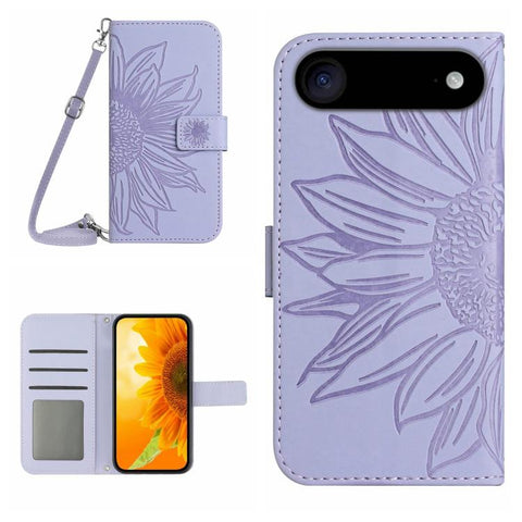 Skin Feel Sun Flower Embossed Flip Leather Phone Case with Lanyard, For iPhone Air, For iPhone 16 Pro Max, For iPhone 16 Pro, For iPhone 16 Plus