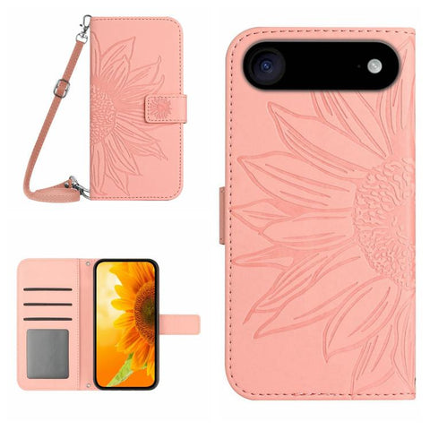 Skin Feel Sun Flower Embossed Flip Leather Phone Case with Lanyard, For iPhone Air, For iPhone 16 Pro Max, For iPhone 16 Pro, For iPhone 16 Plus