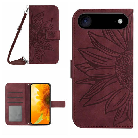 Skin Feel Sun Flower Embossed Flip Leather Phone Case with Lanyard, For iPhone Air, For iPhone 16 Pro Max, For iPhone 16 Pro, For iPhone 16 Plus