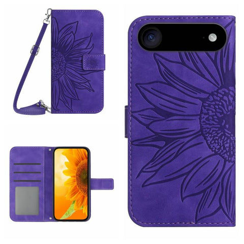 Skin Feel Sun Flower Embossed Flip Leather Phone Case with Lanyard, For iPhone Air, For iPhone 16 Pro Max, For iPhone 16 Pro, For iPhone 16 Plus