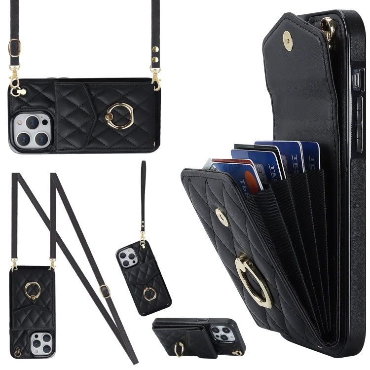 Rhombic Texture Card Bag Phone Case with Long Lanyard, For iPhone 14 Pro Max, For iPhone 13 Pro Max, For iPhone 13 Pro, For iPhone 13, For iPhone 12 / 12 Pro, For iPhone 12 Pro Max
