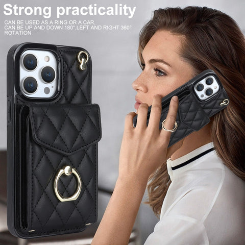 Rhombic Texture Card Bag Phone Case with Long Lanyard, For iPhone 14 Pro Max, For iPhone 13 Pro Max, For iPhone 13 Pro, For iPhone 13, For iPhone 12 / 12 Pro, For iPhone 12 Pro Max