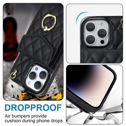 Rhombic Texture Card Bag Phone Case with Long Lanyard, For iPhone 14 Pro Max, For iPhone 13 Pro Max, For iPhone 13 Pro, For iPhone 13, For iPhone 12 / 12 Pro, For iPhone 12 Pro Max