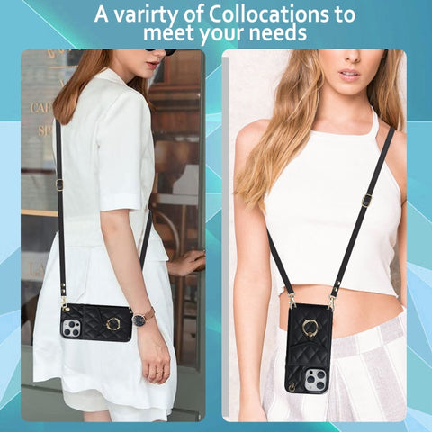 Rhombic Texture Card Bag Phone Case with Long Lanyard, For iPhone 14 Pro Max, For iPhone 13 Pro Max, For iPhone 13 Pro, For iPhone 13, For iPhone 12 / 12 Pro, For iPhone 12 Pro Max
