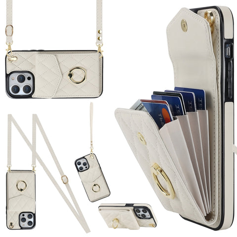 Rhombic Texture Card Bag Phone Case with Long Lanyard, For iPhone 14 Pro Max, For iPhone 13 Pro Max, For iPhone 13 Pro, For iPhone 13, For iPhone 12 / 12 Pro, For iPhone 12 Pro Max