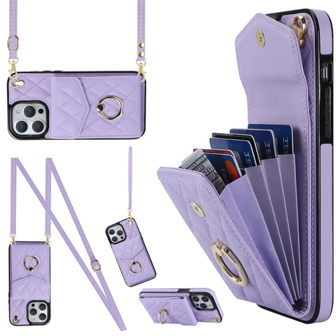 Rhombic Texture Card Bag Phone Case with Long Lanyard, For iPhone 14 Pro Max, For iPhone 13 Pro Max, For iPhone 13 Pro, For iPhone 13, For iPhone 12 / 12 Pro, For iPhone 12 Pro Max