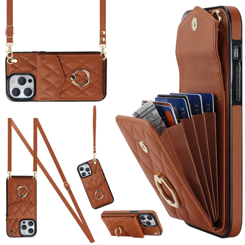 Rhombic Texture Card Bag Phone Case with Long Lanyard, For iPhone 14 Pro Max, For iPhone 13 Pro Max, For iPhone 13 Pro, For iPhone 13, For iPhone 12 / 12 Pro, For iPhone 12 Pro Max