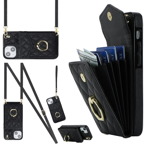 Rhombic Texture Card Bag Phone Case with Long Lanyard, For iPhone 14 Pro Max, For iPhone 13 Pro Max, For iPhone 13 Pro, For iPhone 13, For iPhone 12 / 12 Pro, For iPhone 12 Pro Max