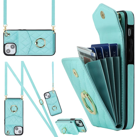 Rhombic Texture Card Bag Phone Case with Long Lanyard, For iPhone 14 Pro Max, For iPhone 13 Pro Max, For iPhone 13 Pro, For iPhone 13, For iPhone 12 / 12 Pro, For iPhone 12 Pro Max