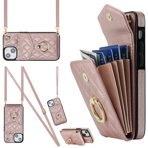 Rhombic Texture Card Bag Phone Case with Long Lanyard, For iPhone 14 Pro Max, For iPhone 13 Pro Max, For iPhone 13 Pro, For iPhone 13, For iPhone 12 / 12 Pro, For iPhone 12 Pro Max