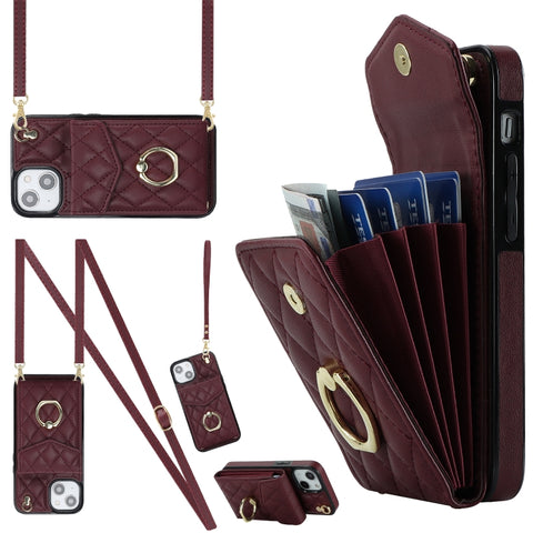 Rhombic Texture Card Bag Phone Case with Long Lanyard, For iPhone 14 Pro Max, For iPhone 13 Pro Max, For iPhone 13 Pro, For iPhone 13, For iPhone 12 / 12 Pro, For iPhone 12 Pro Max
