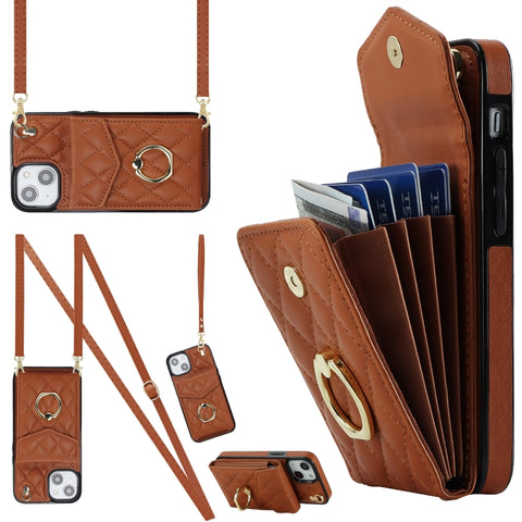 Rhombic Texture Card Bag Phone Case with Long Lanyard, For iPhone 14 Pro Max, For iPhone 13 Pro Max, For iPhone 13 Pro, For iPhone 13, For iPhone 12 / 12 Pro, For iPhone 12 Pro Max
