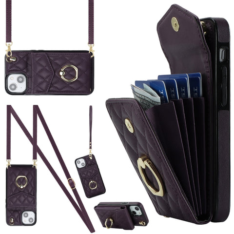 Rhombic Texture Card Bag Phone Case with Long Lanyard, For iPhone 14 Pro Max, For iPhone 13 Pro Max, For iPhone 13 Pro, For iPhone 13, For iPhone 12 / 12 Pro, For iPhone 12 Pro Max