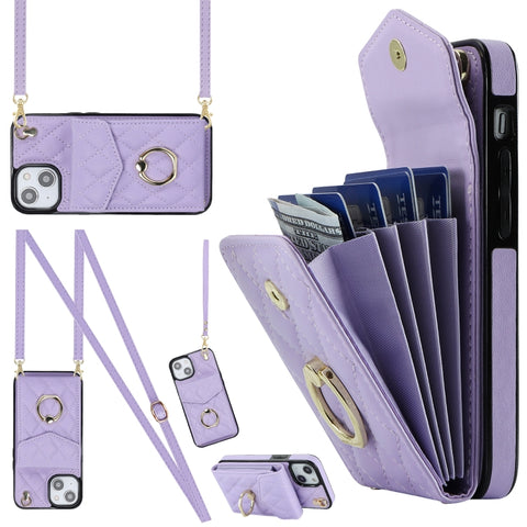 Rhombic Texture Card Bag Phone Case with Long Lanyard, For iPhone 14 Pro Max, For iPhone 13 Pro Max, For iPhone 13 Pro, For iPhone 13, For iPhone 12 / 12 Pro, For iPhone 12 Pro Max