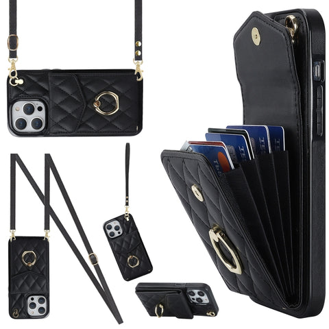 Rhombic Texture Card Bag Phone Case with Long Lanyard, For iPhone 14 Pro Max, For iPhone 13 Pro Max, For iPhone 13 Pro, For iPhone 13, For iPhone 12 / 12 Pro, For iPhone 12 Pro Max