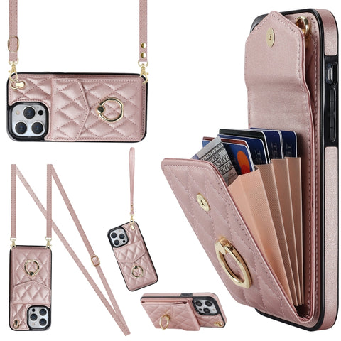 Rhombic Texture Card Bag Phone Case with Long Lanyard, For iPhone 14 Pro Max, For iPhone 13 Pro Max, For iPhone 13 Pro, For iPhone 13, For iPhone 12 / 12 Pro, For iPhone 12 Pro Max