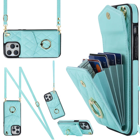 Rhombic Texture Card Bag Phone Case with Long Lanyard, For iPhone 14 Pro Max, For iPhone 13 Pro Max, For iPhone 13 Pro, For iPhone 13, For iPhone 12 / 12 Pro, For iPhone 12 Pro Max