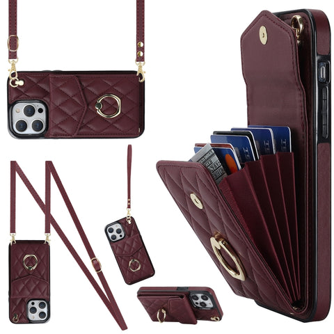 Rhombic Texture Card Bag Phone Case with Long Lanyard, For iPhone 14 Pro Max, For iPhone 13 Pro Max, For iPhone 13 Pro, For iPhone 13, For iPhone 12 / 12 Pro, For iPhone 12 Pro Max