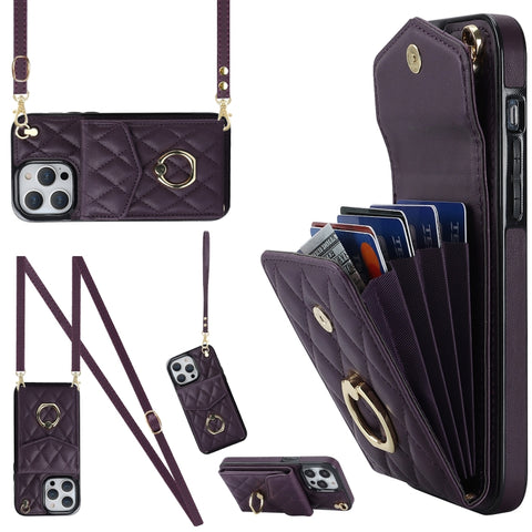 Rhombic Texture Card Bag Phone Case with Long Lanyard, For iPhone 14 Pro Max, For iPhone 13 Pro Max, For iPhone 13 Pro, For iPhone 13, For iPhone 12 / 12 Pro, For iPhone 12 Pro Max