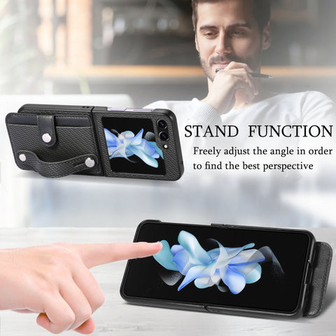Carbon Fiber Wristband Wallet Back Phone Case, For Samsung Galaxy Z Flip5