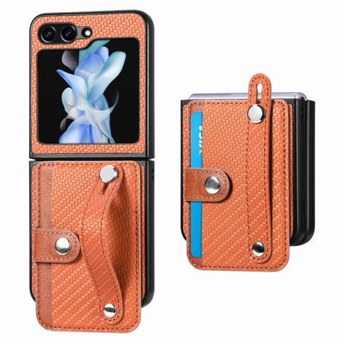 Carbon Fiber Wristband Wallet Back Phone Case, For Samsung Galaxy Z Flip5