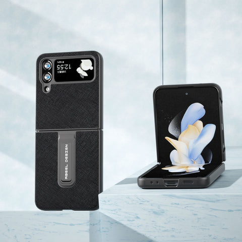 Cross Texture Genuine Leather Phone Case with Holder, For Samsung Galaxy Z Flip4, For Samsung Galaxy Z Flip3 5G