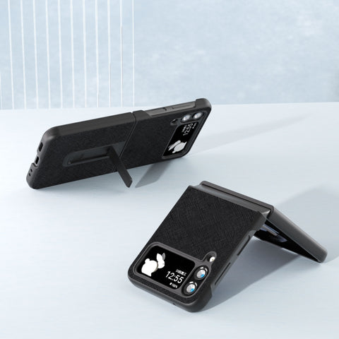Cross Texture Genuine Leather Phone Case with Holder, For Samsung Galaxy Z Flip4, For Samsung Galaxy Z Flip3 5G