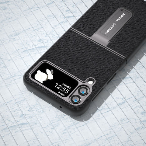 Cross Texture Genuine Leather Phone Case with Holder, For Samsung Galaxy Z Flip4, For Samsung Galaxy Z Flip3 5G
