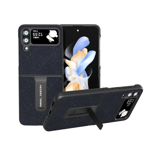 Cross Texture Genuine Leather Phone Case with Holder, For Samsung Galaxy Z Flip4, For Samsung Galaxy Z Flip3 5G