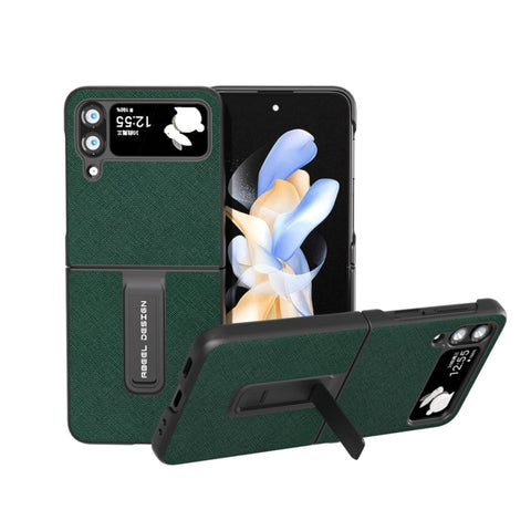 Cross Texture Genuine Leather Phone Case with Holder, For Samsung Galaxy Z Flip4, For Samsung Galaxy Z Flip3 5G