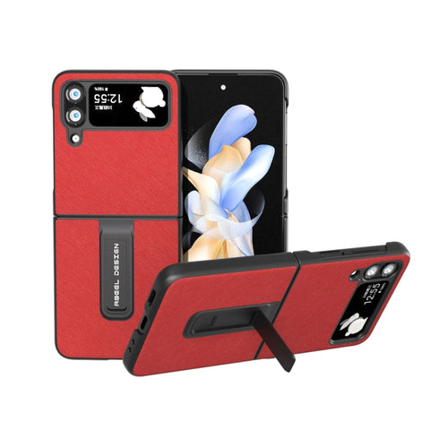 Cross Texture Genuine Leather Phone Case with Holder, For Samsung Galaxy Z Flip4, For Samsung Galaxy Z Flip3 5G