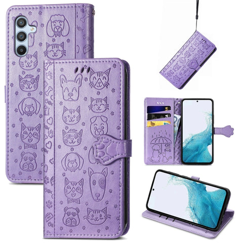 Cat and Dog Embossed Leather Phone Case, For Samsung Galaxy A54 5G