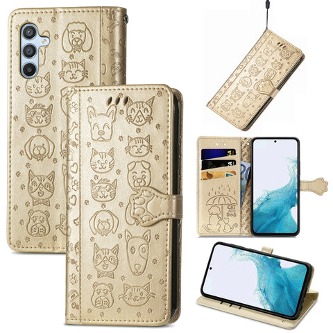 Cat and Dog Embossed Leather Phone Case, For Samsung Galaxy A54 5G