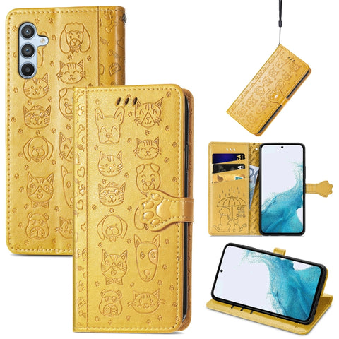 Cat and Dog Embossed Leather Phone Case, For Samsung Galaxy A54 5G