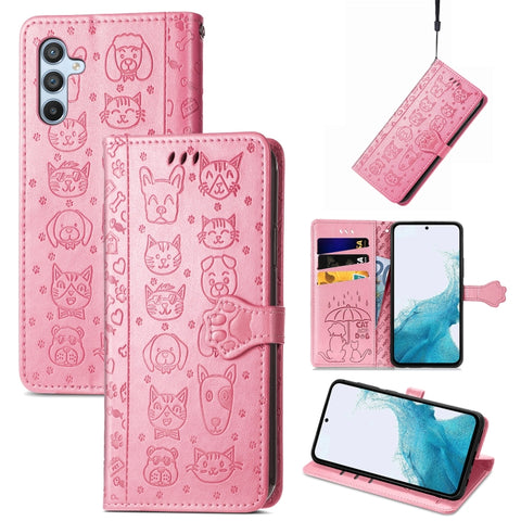 Cat and Dog Embossed Leather Phone Case, For Samsung Galaxy A54 5G