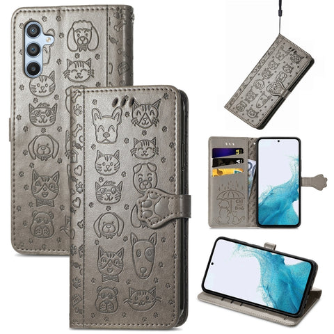 Cat and Dog Embossed Leather Phone Case, For Samsung Galaxy A54 5G