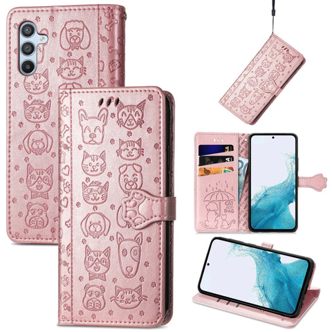 Cat and Dog Embossed Leather Phone Case, For Samsung Galaxy A54 5G